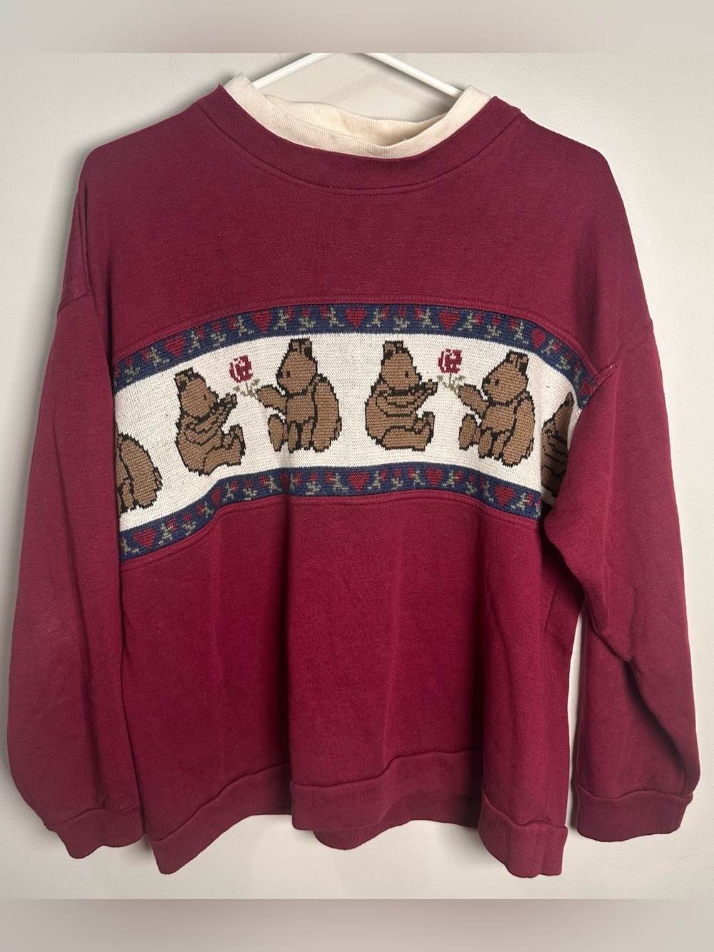 Vintage Lauren Brooke Sweatshirt Maroon Embroidered Teddy Bears Medium